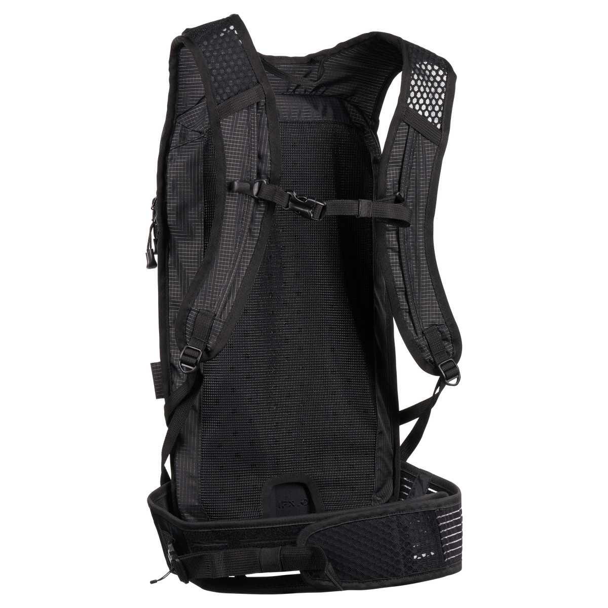 Der O'NEAL Europe JUNCTION MTB Protektorrucksack in Schwarz ist von hinten abgebildet und verfügt über gepolsterte Schultergurte, einen Brustgurt, ein belüftetes Rückenpanel und einen gepolsterten Hüftgurt mit Perforationen für Komfort bei jeder Fahrt.
