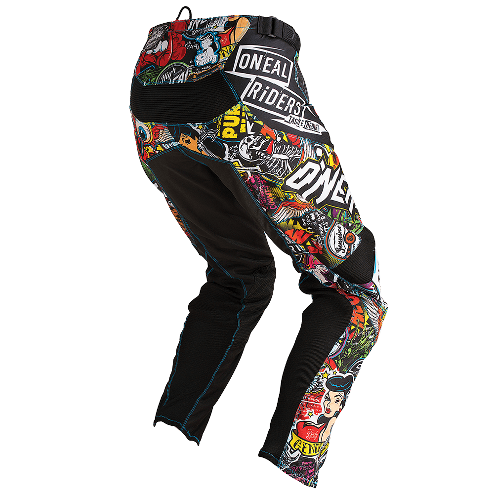 Die O'NEAL MAYHEM Hose CRANK ist eine Motocross-Hose mit auffälligen Grafiken im Comic-Stil, mehreren Logos, atmungsaktivem Material, schwarzen Einsätzen und einer ergonomischen Passform von O'NEAL. Abgebildet auf einfarbig weißem Hintergrund.