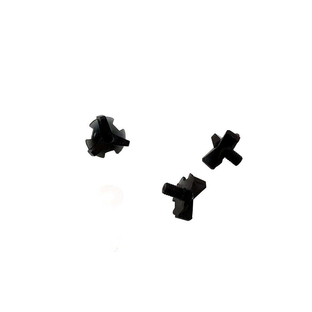 Three small, black, cross-shaped screws of the O'NEAL Screw Set 2SRS Youth Helmet are displayed on a white background at different angles to show multiple sides.