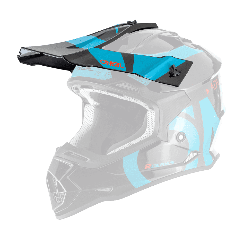 Le casque O'NEAL Visor 2SRS Helmet SLICK est un casque de motocross noir avec des accents géométriques bleus et gris, une visière, des ouvertures d'aération, le branding O'NEAL et une étiquette "2 Series" sur le côté.