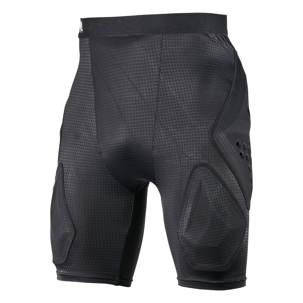 Die O'NEAL Europe DIRT FLX Crash Shorts in Schwarz ist mit einer netzartigen Struktur, einer Oberschenkel- und Seitenpolsterung und IPX®-Schutz ausgestattet und zeigt sich auf einem schlichten weißen Hintergrund.