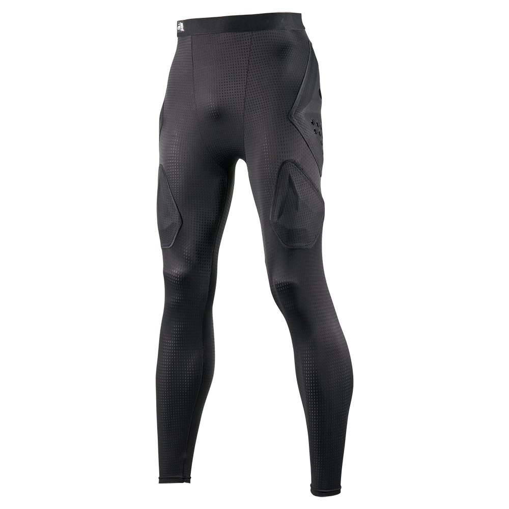 Schwarze O'NEAL DIRT FLX Crash Pants von O'NEAL Europe mit strukturiertem Muster und verstärkten Panels, inspiriert von IPX-Waben-TPE-Polster-Technologie, auf weißem Hintergrund dargestellt.