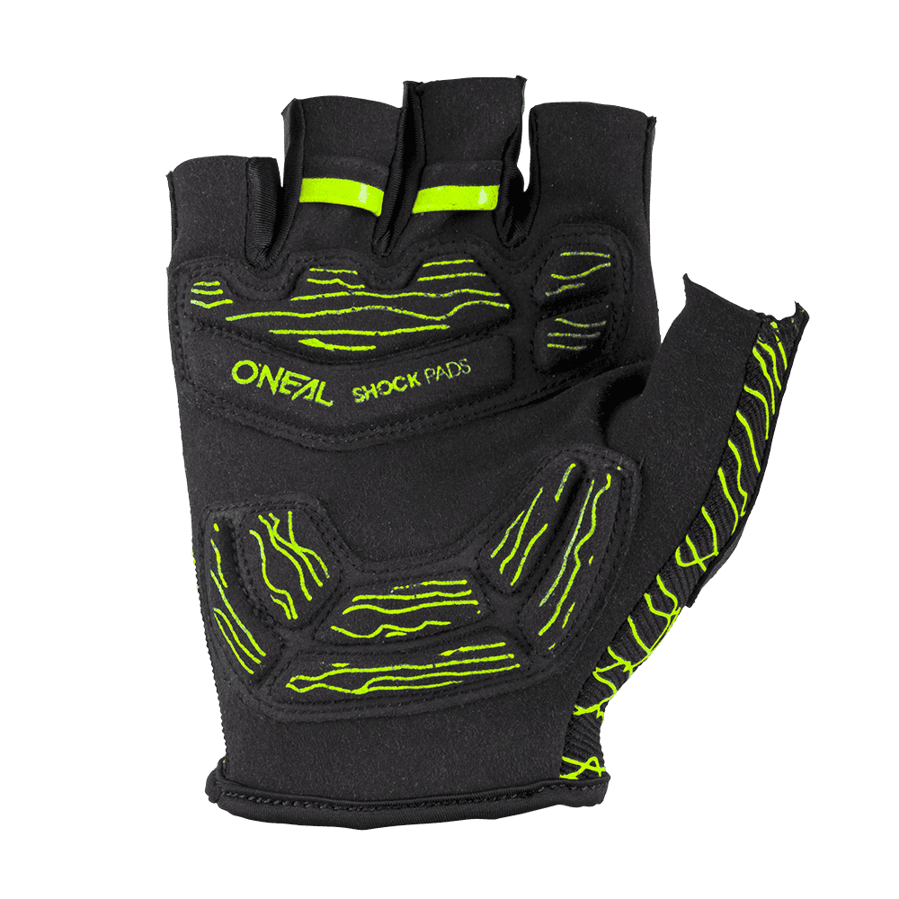 The O'NEAL DROP fingerless glove is a black cycling glove with neon green accents and the words "ONEAL SHOCK PADS" on the back. It impresses with its robust design, improved padding and additional grip functions and is therefore perfect for high-intensity cycling activities.