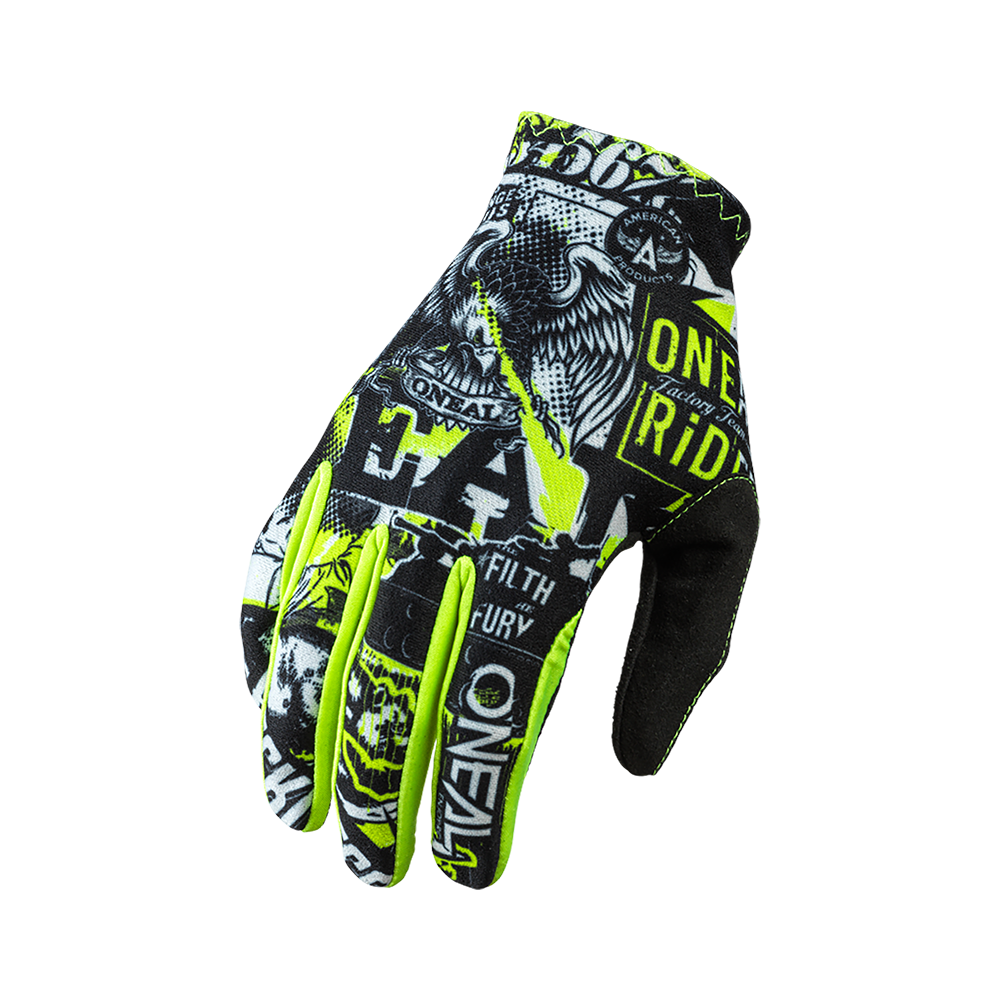 Le gant O'NEAL MATRIX pour enfants ATTACK est un gant noir pour enfants avec des accents jaune fluo et des motifs dynamiques, dont un aigle et les mots "ONE", "FILTH" et "FURY" - l'équipement idéal pour les sports mécaniques selon O'NEAL.
