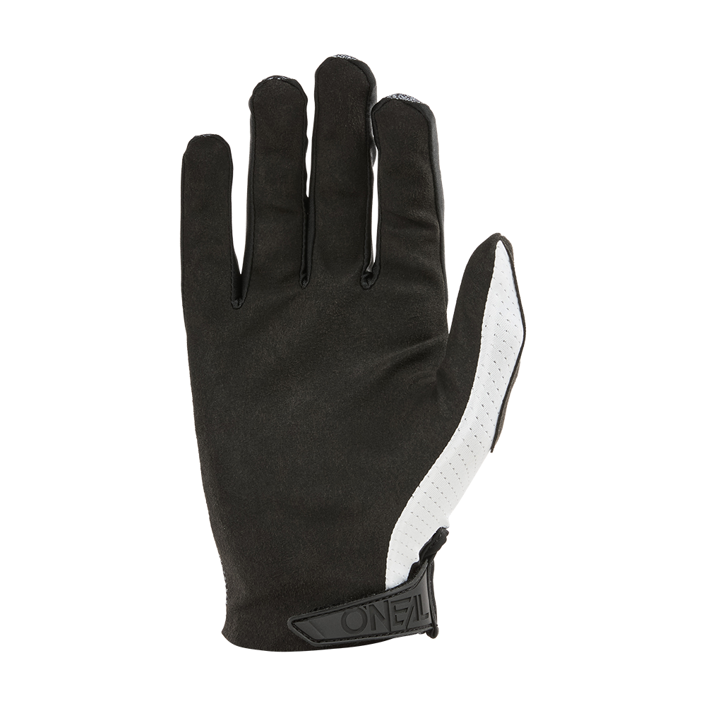 L'O'NEAL Matrix Glove ROLLER è un guanto nero con una striscia bianca sul palmo e una chiusura in velcro sul polso con la scritta "O'NEAL" rivolta verso il palmo.