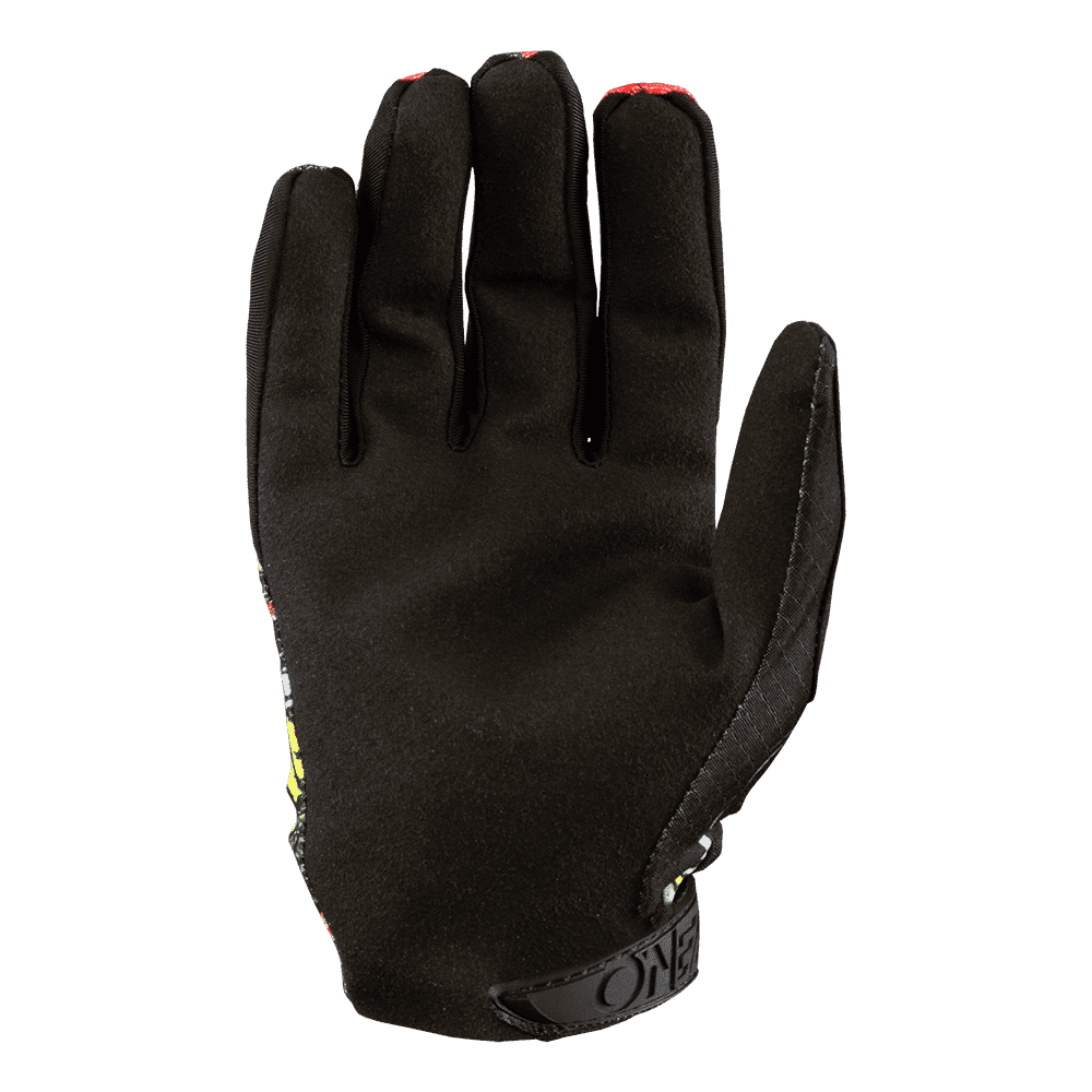 Le gant O'NEAL MATRIX pour enfants CRANK, un gant noir pour enfants de O'NEAL, est montré paume vers le haut, a une surface texturée et une dragonne visible et est conçu pour une utilisation de haute qualité dans les sports motorisés ou en plein air.