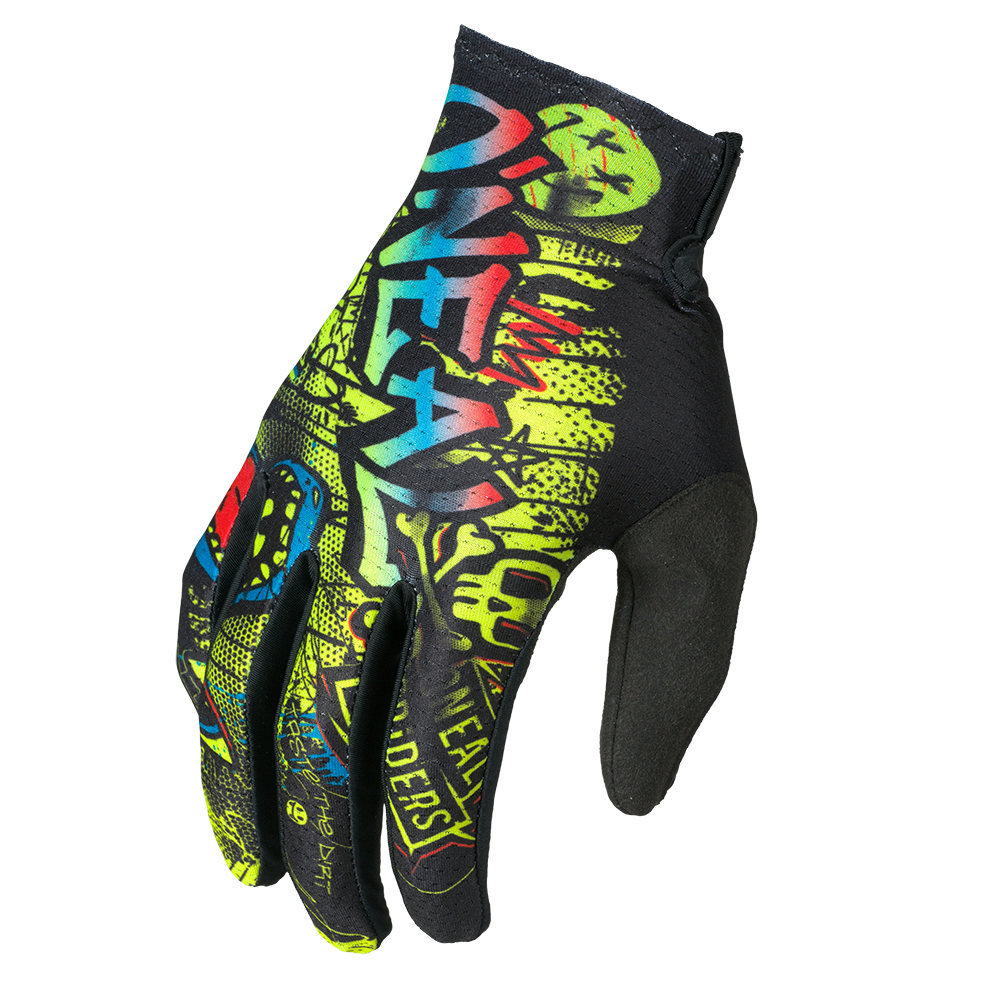 Le O'NEAL MATRIX Youth Glove RANCID de O'NEAL a une paume noire et des graphismes de graffiti voyants en jaune, vert, bleu et rouge avec des inscriptions en gras pour un look plein de vie.