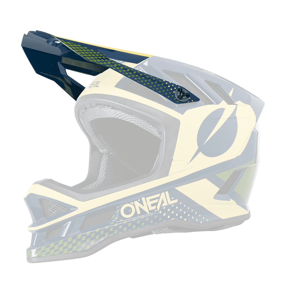 The O'NEAL Visor BLADE Polyacrylite Helmet ACE has a yellow and dark blue full face design with geometric patterns, ventilation openings, a large protective visor and the O'NEAL logo on the side.