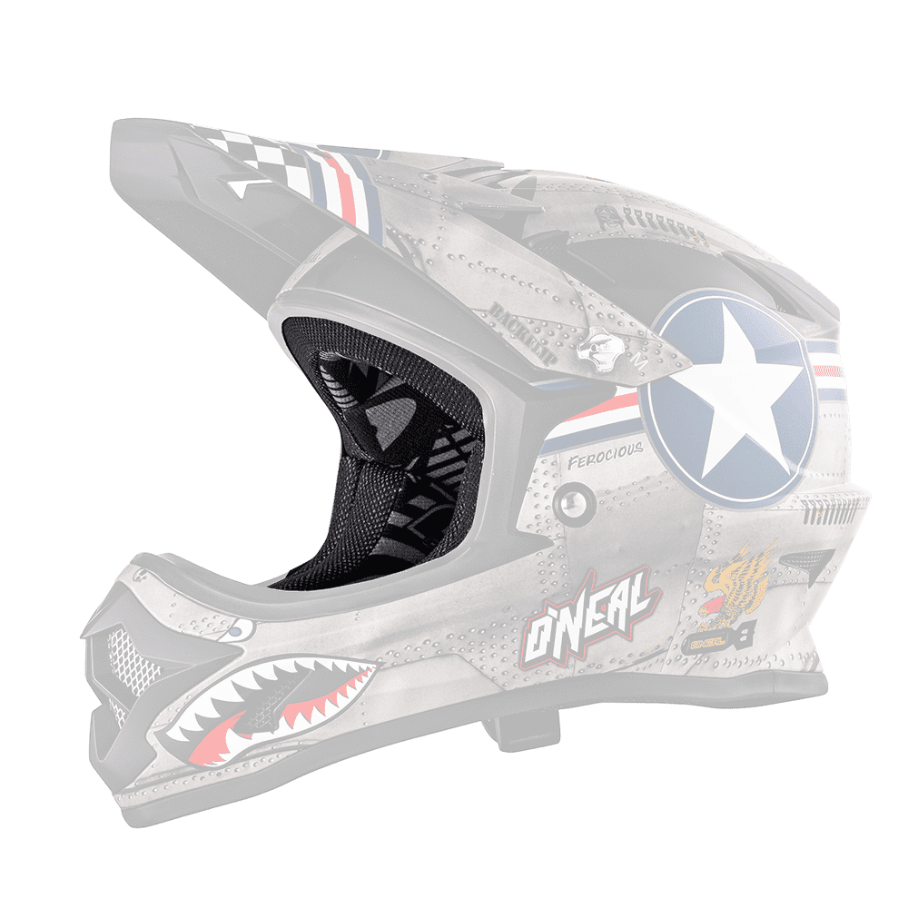 The O'NEAL Liner & Cheek Pads BACKFLIP youth helmet has a World War II-inspired design with a shark mouth graphic, a blue and white star emblem, checkered details and eye-catching "O'NEAL" lettering on the side.