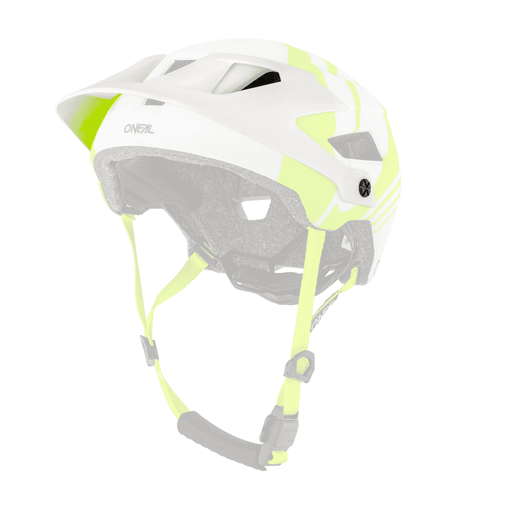 Il casco O'NEAL Visor Defender NOVA è un casco da mountain bike bianco e giallo neon con fori di ventilazione, mentoniera regolabile, imbottitura interna nera e logo O'NEAL sul retro.
