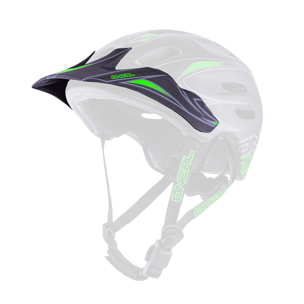Il casco O'NEAL Visor Defender TRIBAL è un casco da mountain bike nero e verde con mentoniera regolabile, visiera frontale e aperture di ventilazione.