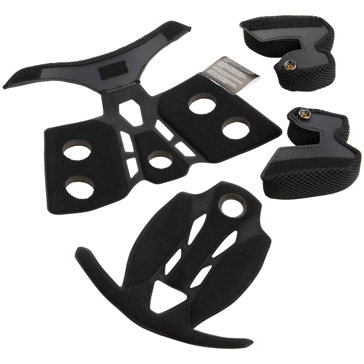 Le set de casque O'NEAL Liner & Cheek Pads TRANSITION se compose de coussinets en mousse noire avec des trous d'aération, des inserts en filet, des fermetures velcro ou à bouton-pression et un panneau d'instructions. Illustré sur un fond blanc. Marque : O'NEAL.