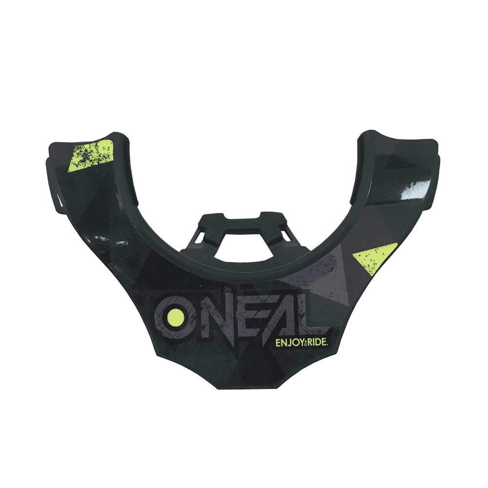 El O'NEAL Back Part TRON Neckbrace presenta un diseño geométrico negro y amarillo con la inscripción "O'NEAL ENJOY RIDE" en la parte delantera, ideal para motocross o ciclismo, sobre un fondo transparente.