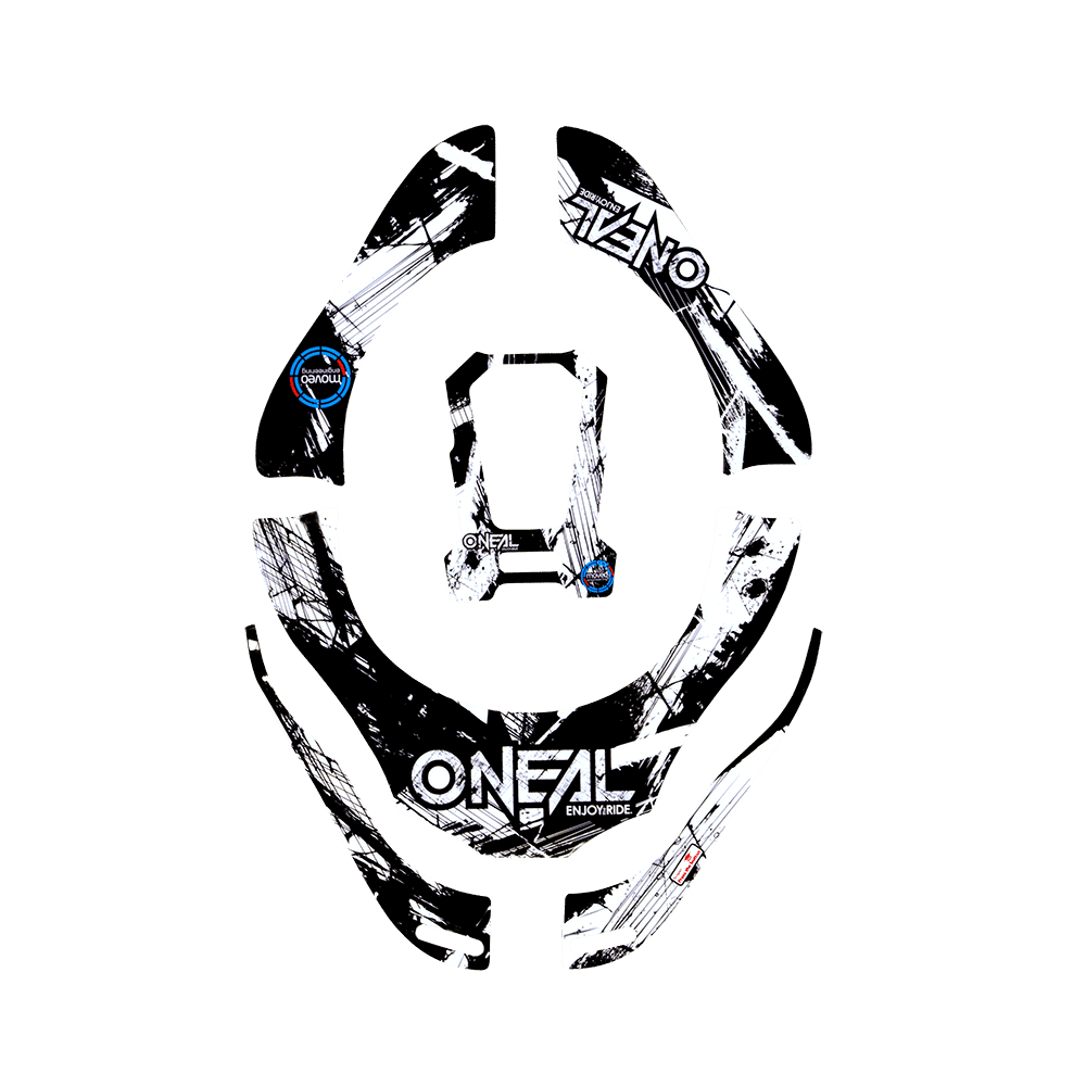 Il set di adesivi O'NEAL TRON design SHOCKER presenta motivi grunge in bianco e nero, la scritta "#ONEAL" e varie forme su uno sfondo trasparente.