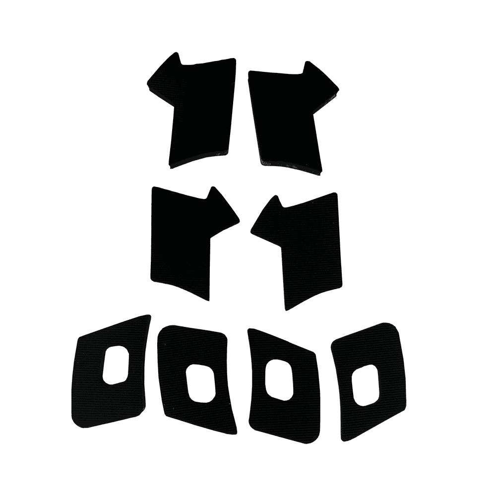 Six O'NEAL Size Pads TRON Neckbrace black foam pads in different shapes and sizes are arranged in two rows of three on a plain green background.