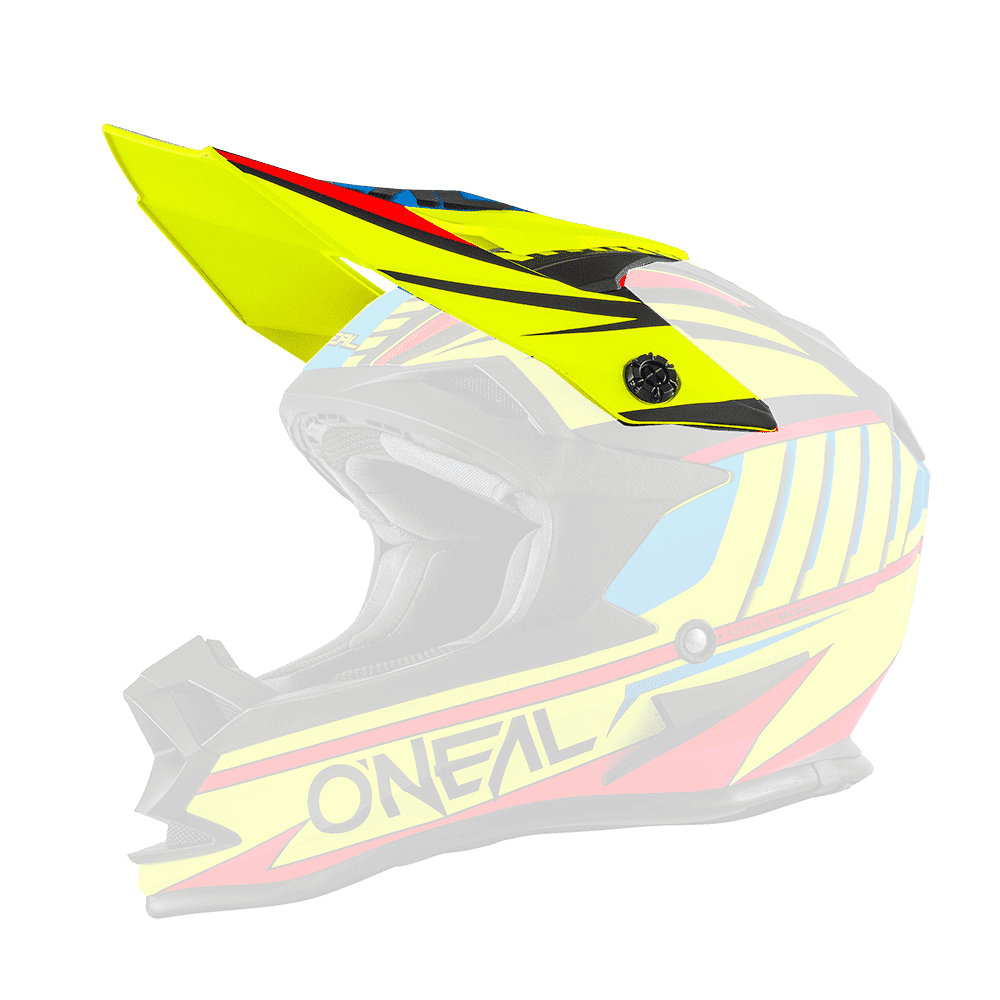 Il casco O'NEAL Visor 7SRS CHASER è un casco off-road aperto nei colori giallo, nero, rosso e blu con l'accattivante scritta "O'NEAL" sul lato.