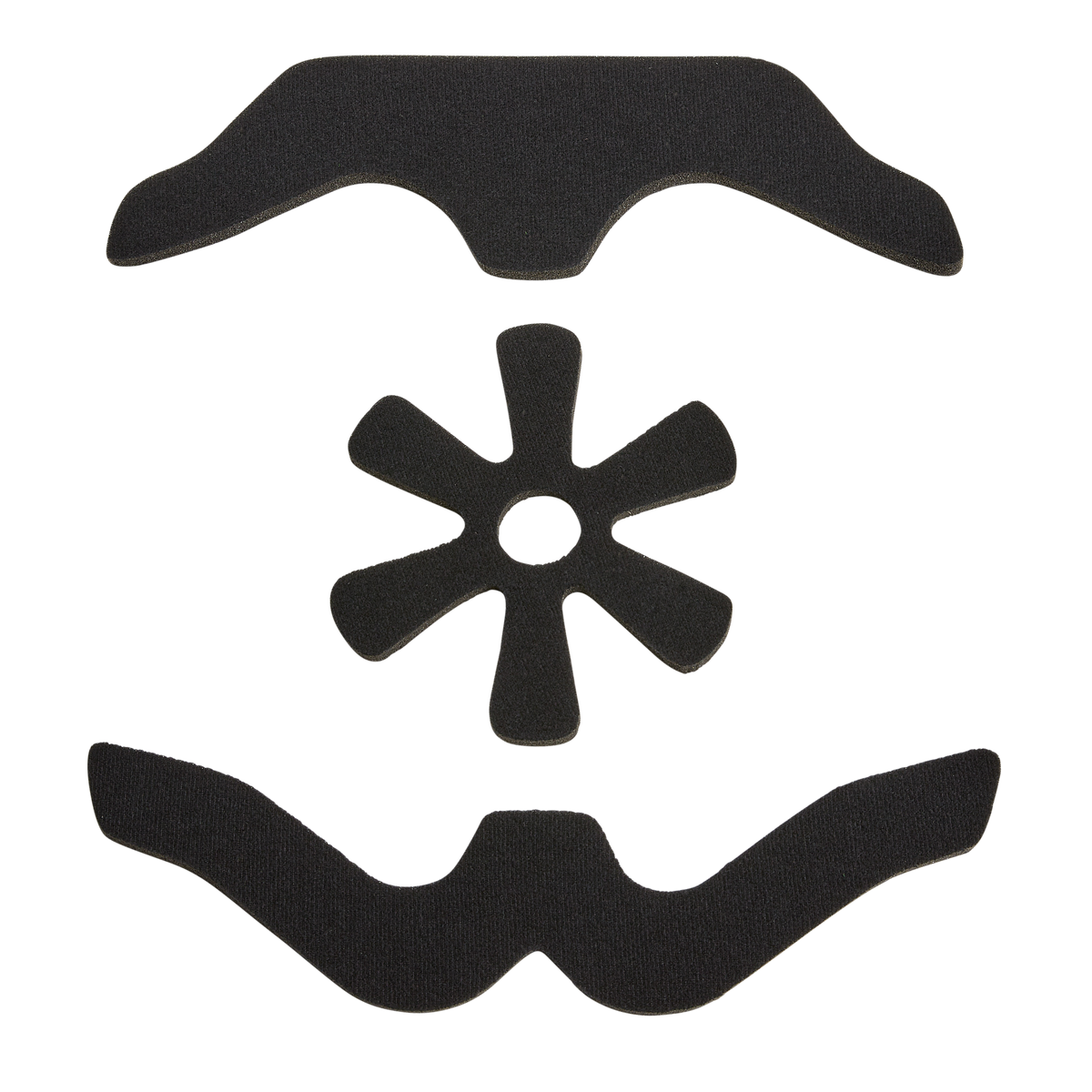 Le set pour casque Liner DIRT LID de O'NEAL se compose de trois mousses noires - une en forme de demi-lune, une avec huit pétales et une bande ondulée - sur un fond blanc.