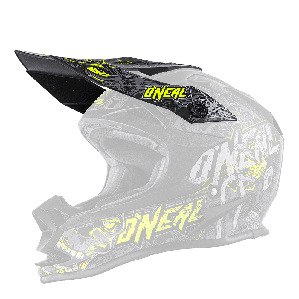 L'O'NEAL Visor 7SRS Helmet MENACE è un casco da motocross nero con una grafica gialla brillante, scritte accattivanti, aperture di ventilazione angolari e una visiera sorprendente: un design aggressivo e moderno, ideale per i motociclisti off-road.