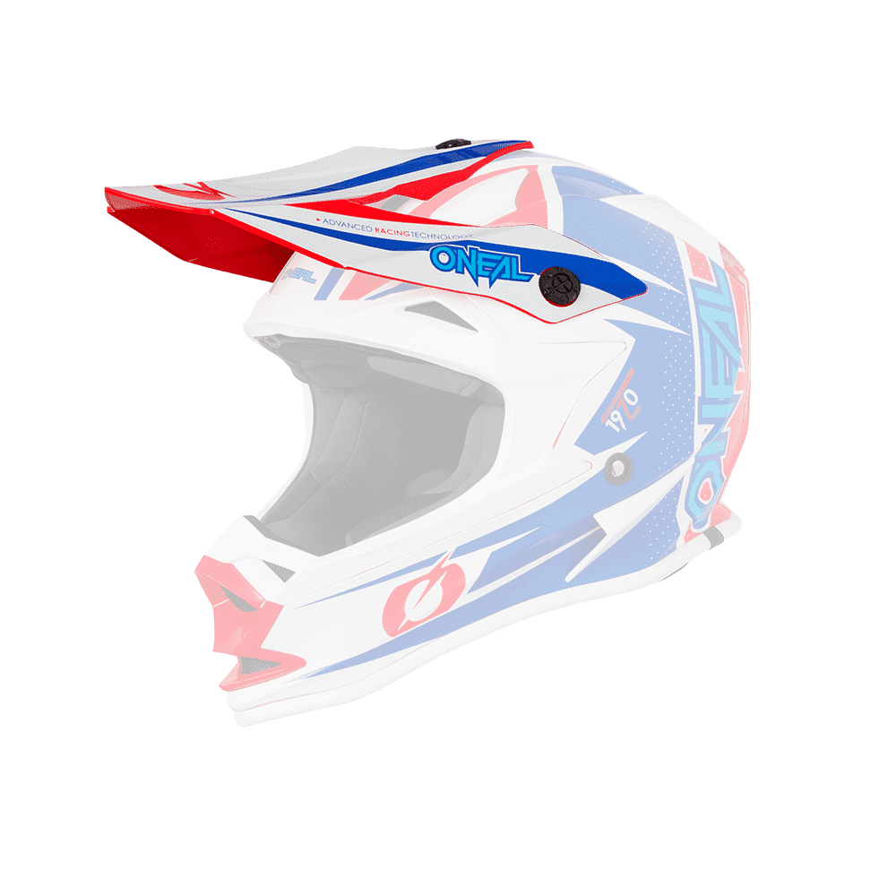Der O'NEAL Visor 7SRS Helmet STRAIN ist ein Motocross-Helm mit rot-blau-weißem Design, O'NEAL-Logo und Visier. Er ist vor einem transparenten Hintergrund abgebildet.