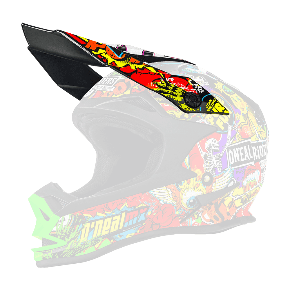 El Casco O'NEAL Visor 7SRS CRANK es un casco de motocross negro con vibrantes gráficos estilo cómic, llamativos dibujos y logotipos O'NEAL azules/amarillos. Los reflejos verde neón acentúan la visera y la mentonera.