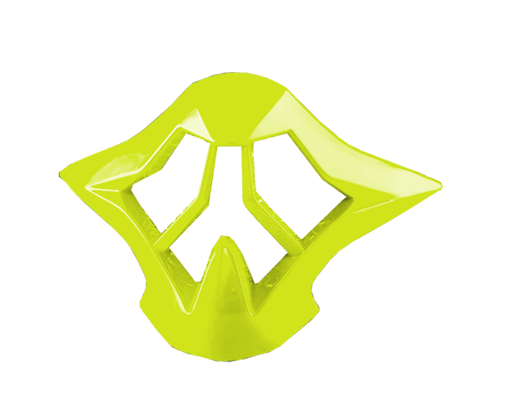 Il casco O'NEAL Moutpiece 3SRS di O'NEAL è caratterizzato da un design geometrico astratto di colore giallo brillante con bordi angolari e aree aperte, che ricorda una maschera futuristica e si staglia su uno sfondo trasparente.