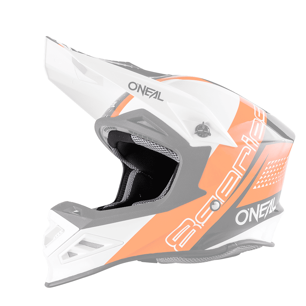 The O'NEAL Liner & Cheek Pads 8SRS Youth Helmet is a white, black and orange full-face motocross helmet with a visor, distinctive ventilation openings and the O'NEAL logo and "8SRS" lettering on the side.