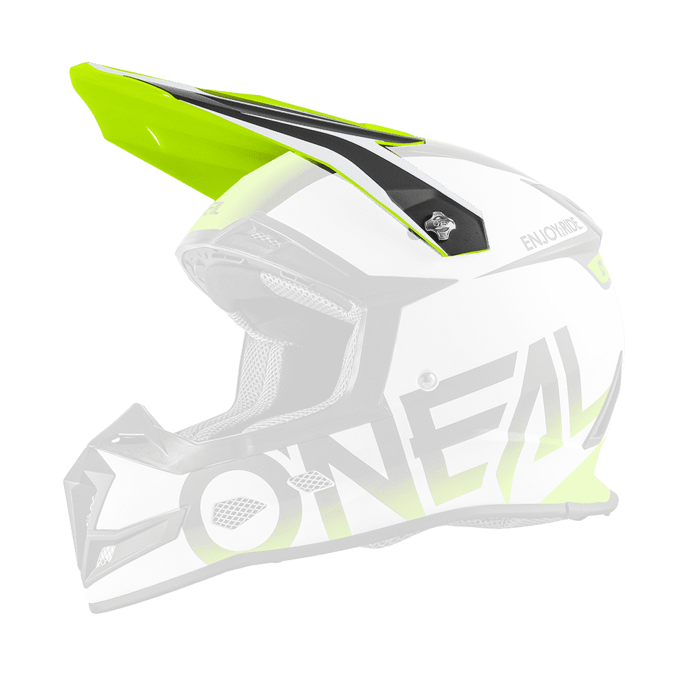Vista lateral del casco O'NEAL Visor 5SRS BLOCKER en diseño blanco, negro y amarillo brillante con visera, malla de ventilación y letras "O'NEAL" en el lateral.