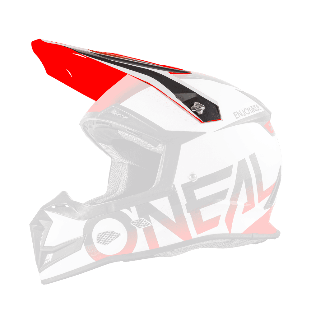 L'O'NEAL Visor 5SRS Helmet BLOCKER è un casco da motocross bianco e rosso con accenti neri, la scritta "O'NEAL" in grassetto sul lato e un'accattivante visiera rossa.