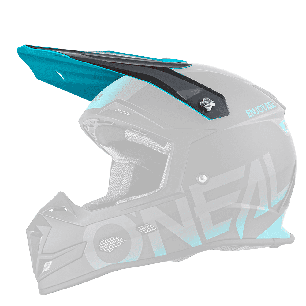 L'O'NEAL Visor 5SRS Helmet BLOCKER è un casco da motocross nero e verde acqua con finitura opaca, visiera, ampie aperture di ventilazione, interni imbottiti e marchio "O'NEAL" sul lato.