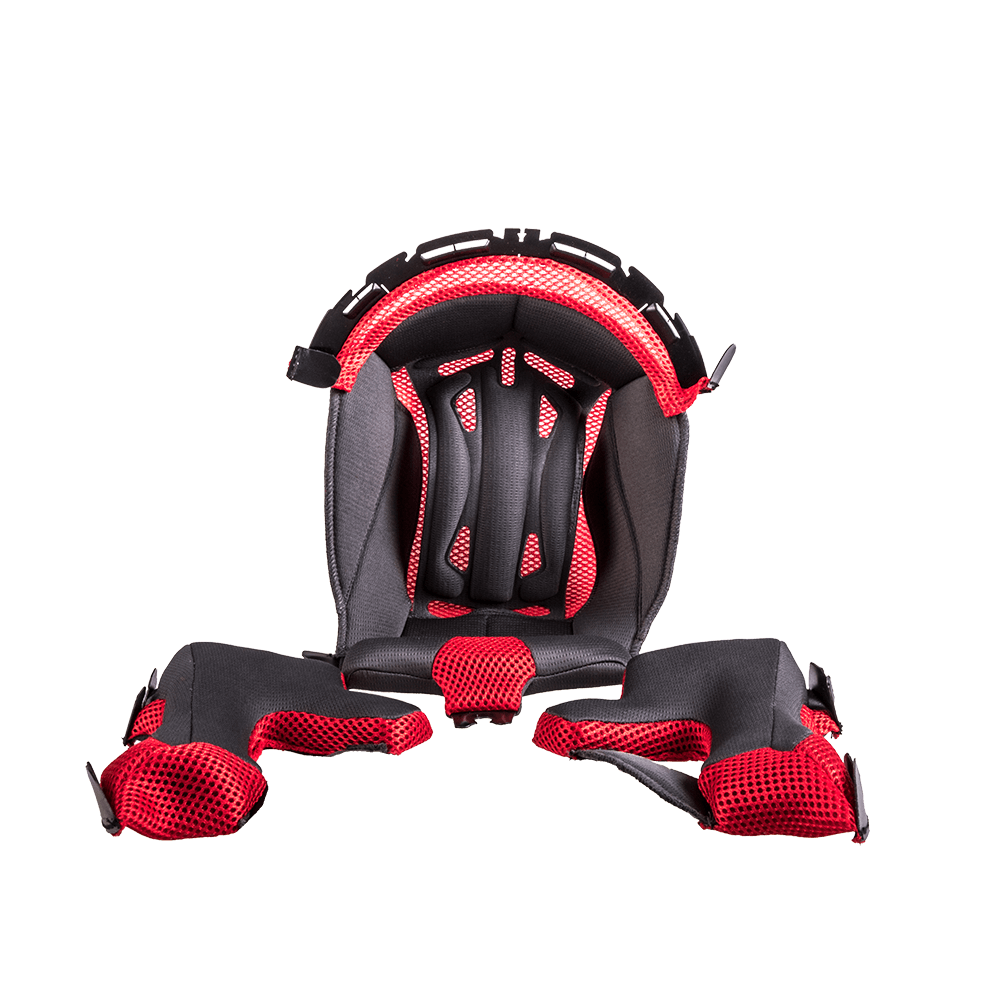 Il casco O'NEAL Liner & Cheek Pads MOTO XXX presenta una fodera imbottita nera e rossa con rete di ventilazione per il comfort e la protezione all'interno del casco, su sfondo bianco.
