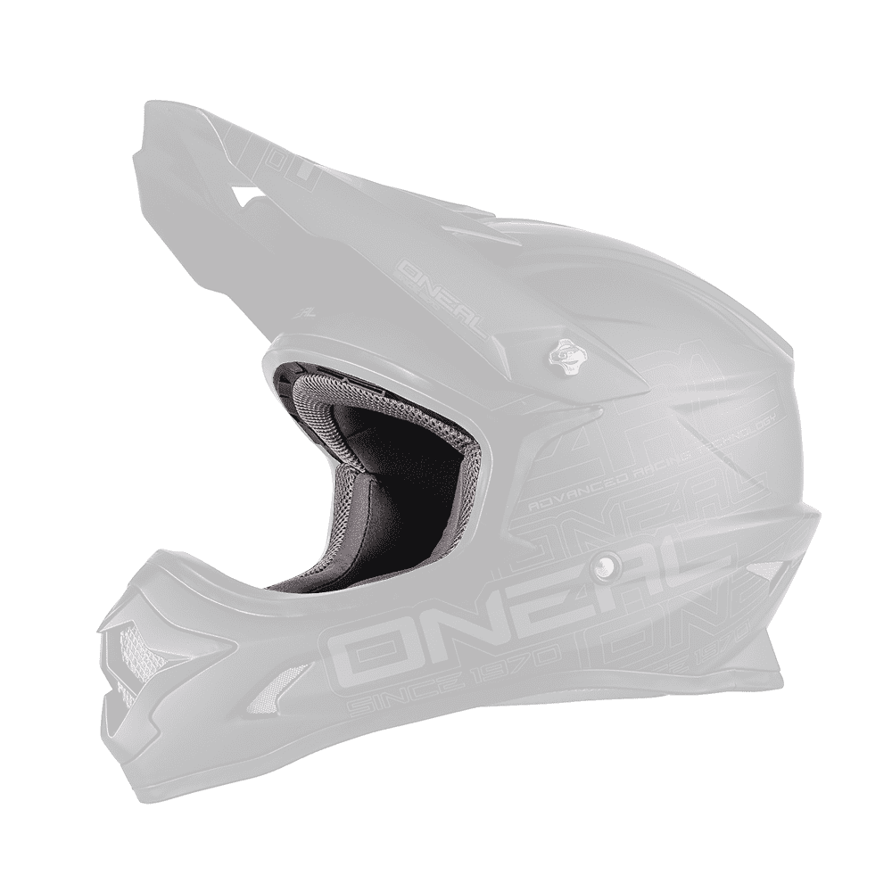 Un casco O'NEAL Liner & Cheek Pads 3SRS nero opaco per giovani, casco integrale con visiera e grafica futuristica sul lato.