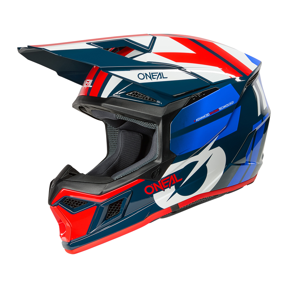 L'O'NEAL 3SRS Helmet RIDE è un casco da motocross con visiera, con un design geometrico in blu, bianco e rosso e il logo O'NEAL sul lato e sulla parte anteriore.