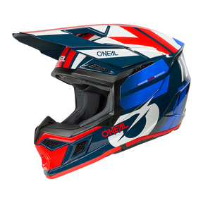 L'O'NEAL 3SRS Helmet RIDE è un casco da motocross con visiera, con un design geometrico in blu, bianco e rosso e il logo O'NEAL sul lato e sulla parte anteriore.