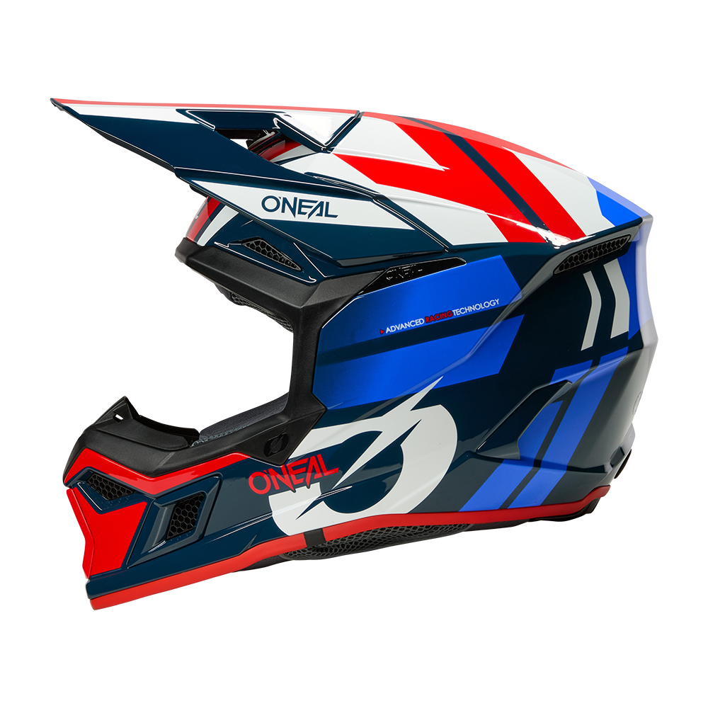 Vista laterale del casco O'NEAL 3SRS RIDE con design geometrico in rosso, blu, bianco e nero, visiera, grande logo sul mento ed etichetta con tecnologia di impatto avanzata.