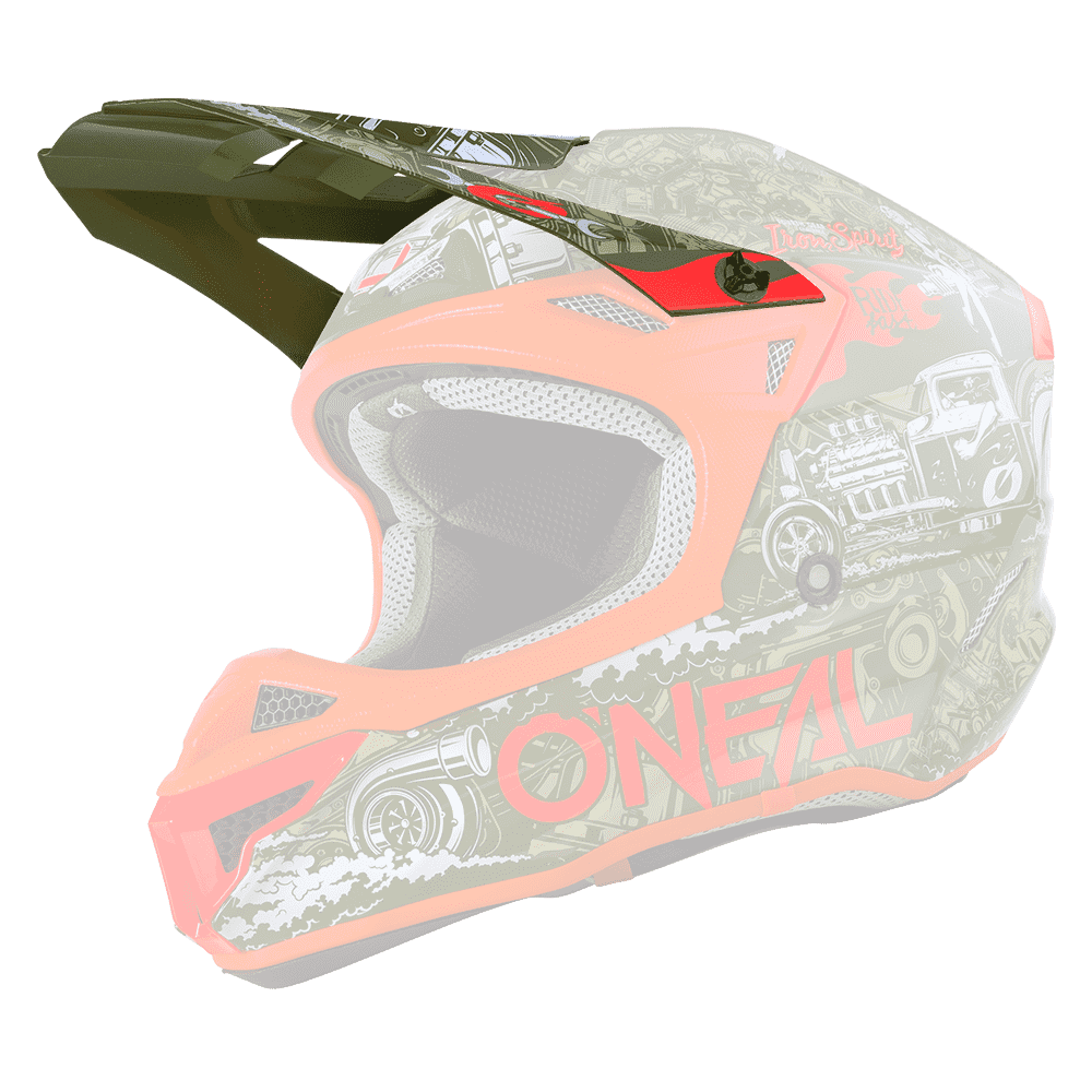 El Casco O'NEAL Visor 5SRS Poliacrilita HR tiene visera, un diseño de camuflaje con detalles rojos, llamativas letras rojas "O'NEAL" en el lateral e imágenes estilizadas de coches y llamas.