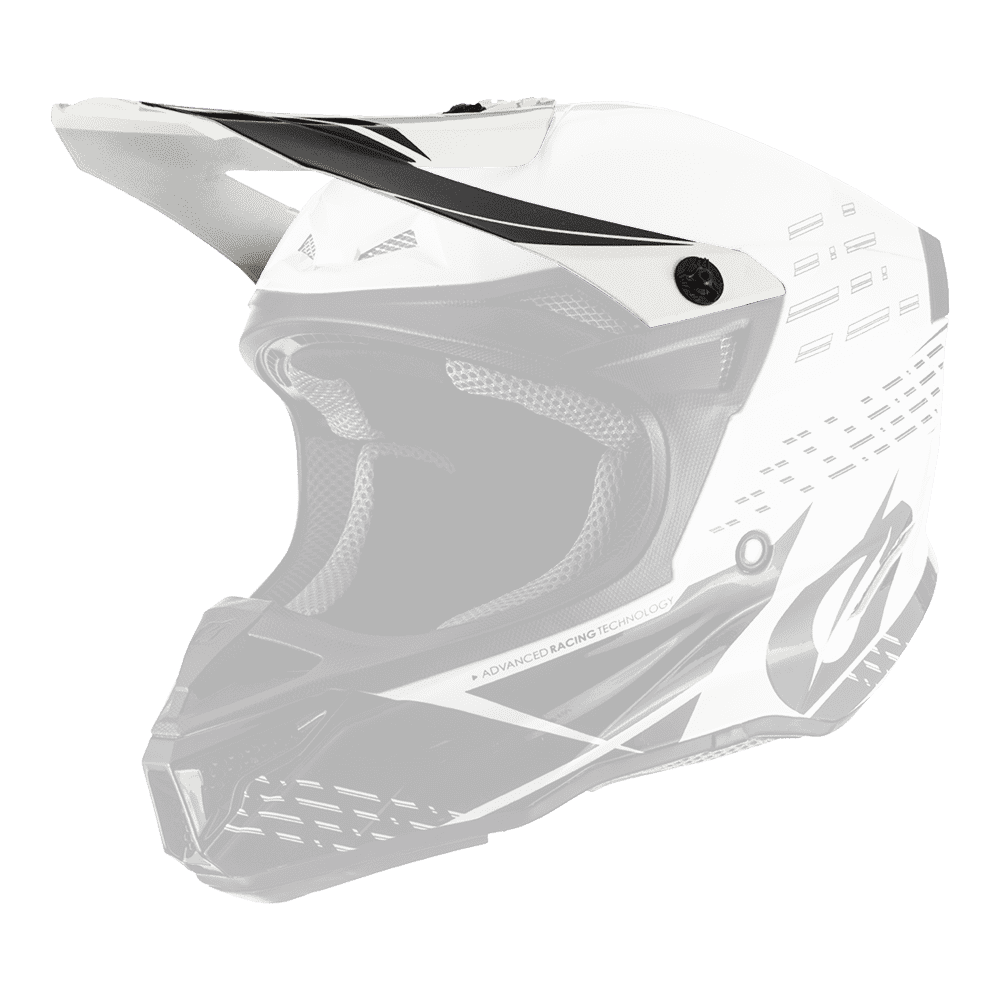 Le casque en polyacrylite O'NEAL Visor 5SRS TRACE se caractérise par un design aérodynamique noir et blanc, une visière et un intérieur rembourré en filet, ici en vue latérale sur un fond transparent.