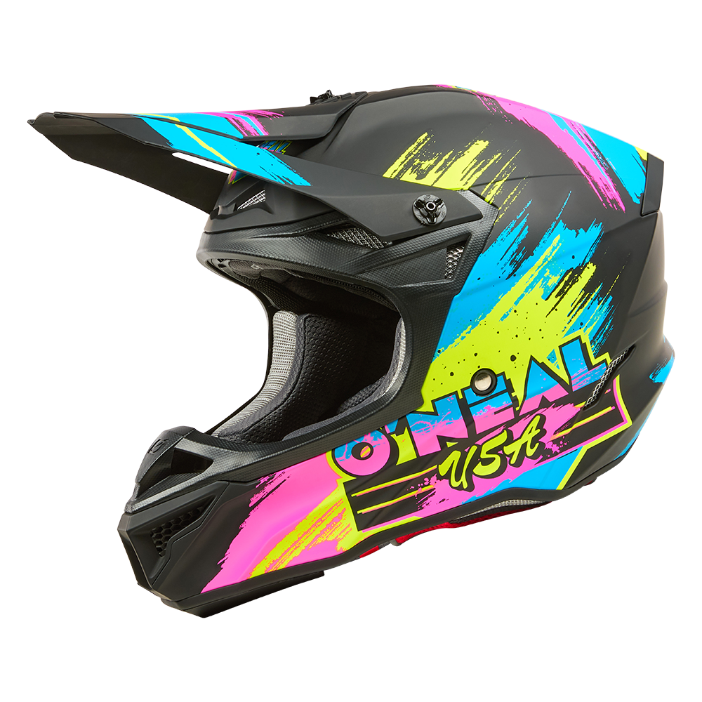 Il casco O'NEAL 5SRS in poliacrilite RESEDA ha un design nero con accenti neon blu, rosa e gialli e la scritta "O'NEAL USA" stampata sul lato.