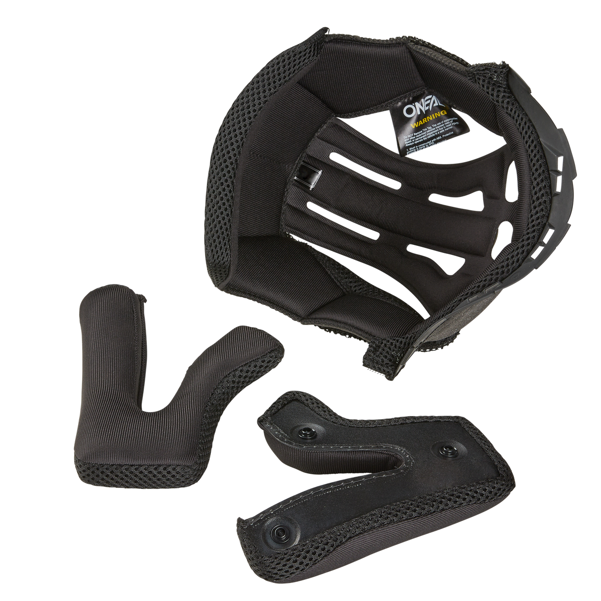 Se muestran individualmente tres insertos negros para casco O'NEAL Liner & Cheek Pads C-SRS, en los que destacan sus superficies texturizadas y los botones de presión adecuados para su uso con cascos O'NEAL.