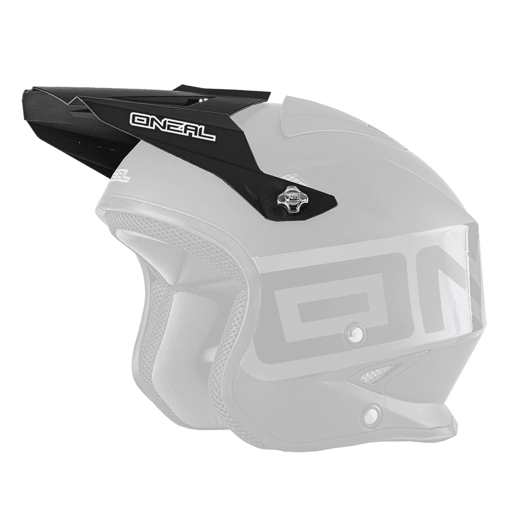 El Casco O'NEAL Visor SLAT Solid es un casco de moto todoterreno negro mate con visera, acolchado ventilado y una llamativa marca que se muestra de perfil sobre un fondo transparente.