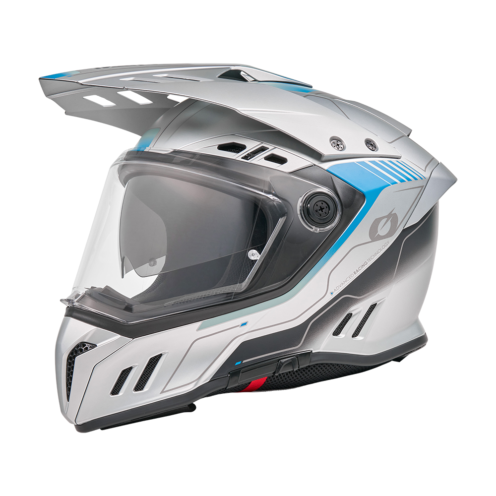 A silver-blue O'NEAL SIERRA RS helmet ECHO with clear visor, Quin Smart Safety Sensor, ventilation slots and sun shield is shown against a plain white background.