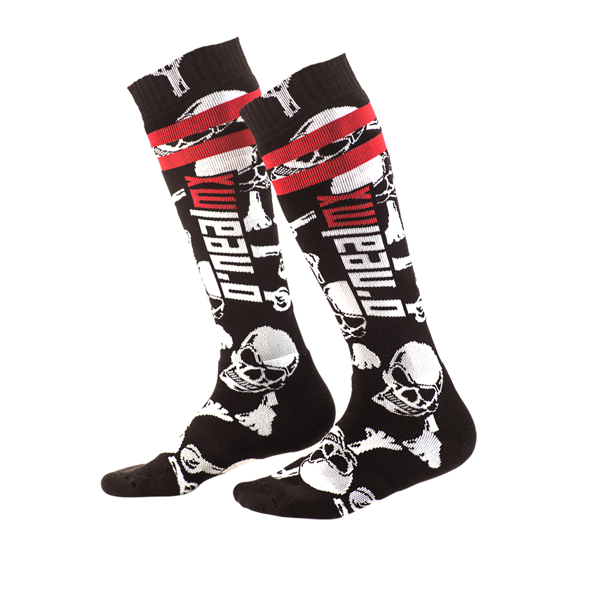 I calzini O'NEAL Pro MX CROSSBONE sono caratterizzati da un teschio bianco, strisce rosse e bianche sulla parte superiore e la scritta "O'NEAL": un classico stile da motocross per ogni corsa.