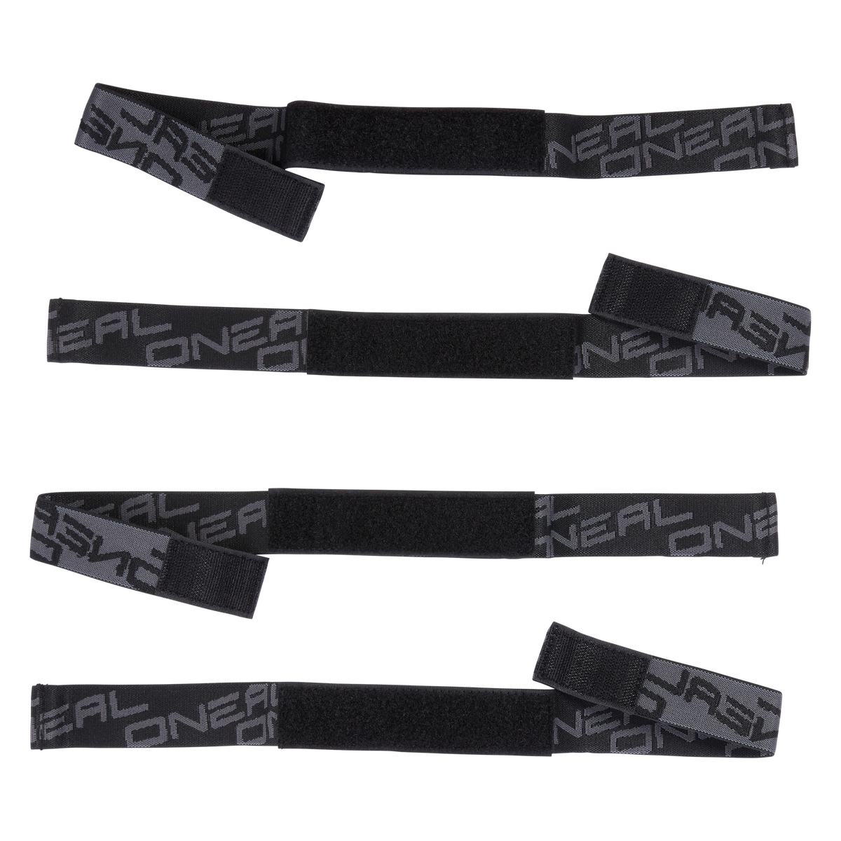 Four black elastic straps with gray "O'NEAL" lettering, designed for the O'NEAL PUMPGUN Youth Knee Guard, are arranged horizontally in a staggered pattern on a white background.