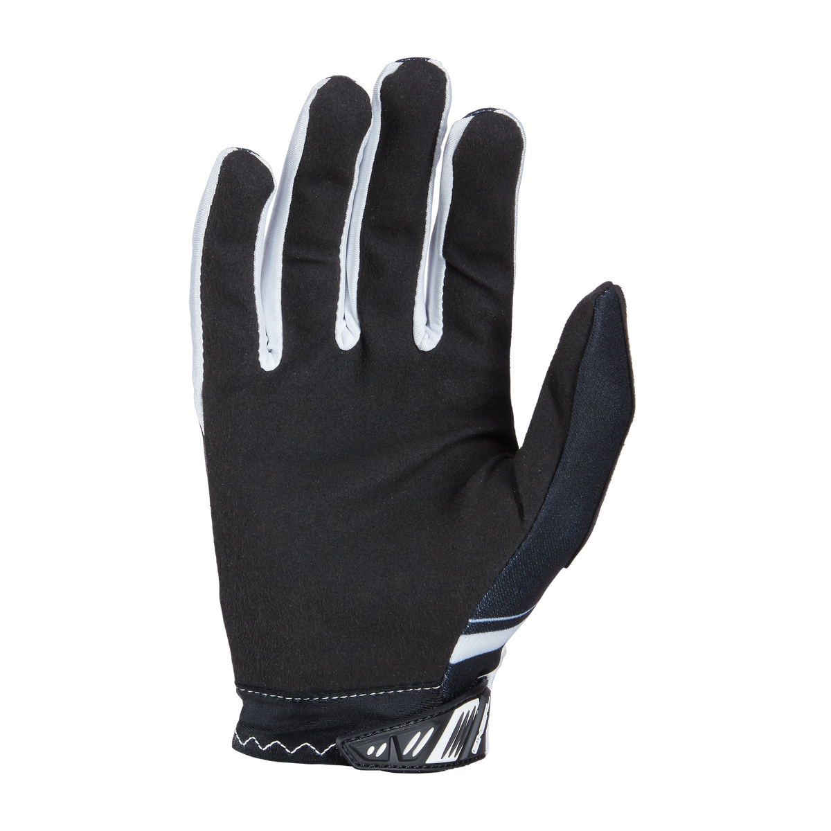Der O'NEAL VAULT Handschuh RACEWEAR von O'NEAL ist ein schwarz-weißer MTB-Handschuh mit vier weiß umrandeten Fingern, einer schwarzen Handfläche und einem gemusterten, verstellbaren Handgelenkriemen, der für Flexibilität und starken Grip ausgelegt ist, hier mit der Handfläche nach vorne.