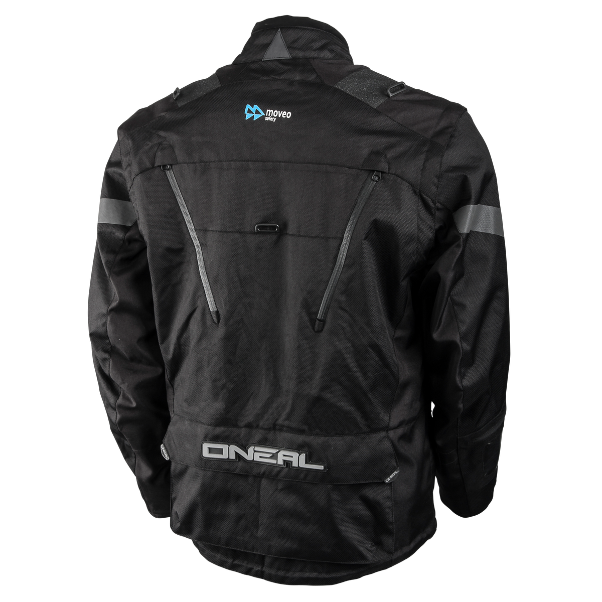Die von hinten gezeigte O'NEAL BAJA Enduro Moveo Jacke in schwarz hat reflektierende Streifen, Belüftungsöffnungen mit Reißverschluss und O'NEAL und moveo motorsport Logos auf dem oberen und unteren Rücken.