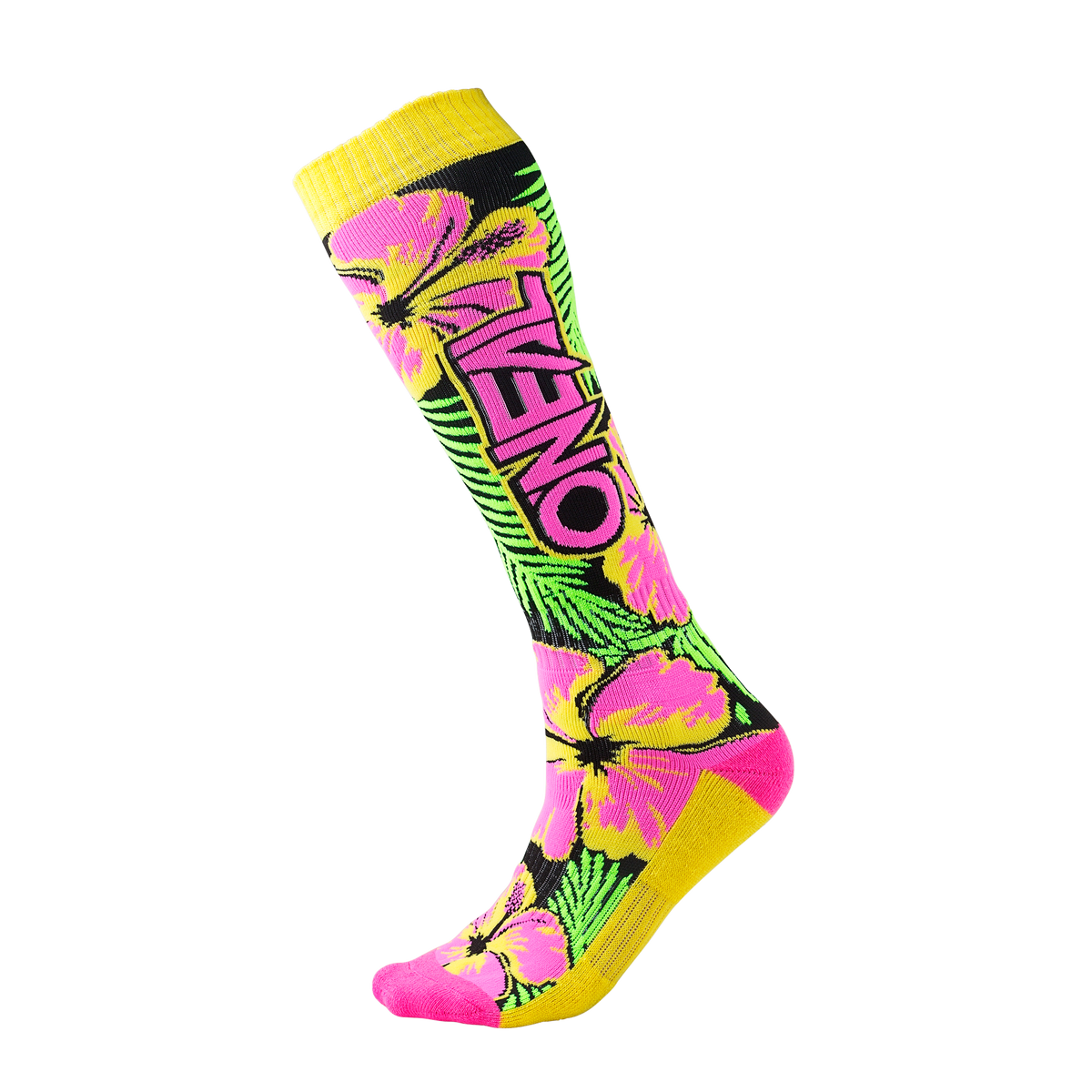 Il calzino O'NEAL Pro MX ISLAND è un calzino da mountain bike colorato con un motivo a fiori di ibisco giallo, rosa e verde, accenti gialli sulla parte superiore, sul tallone e sulla punta e un'accattivante scritta "O'NEAL" sul lato.