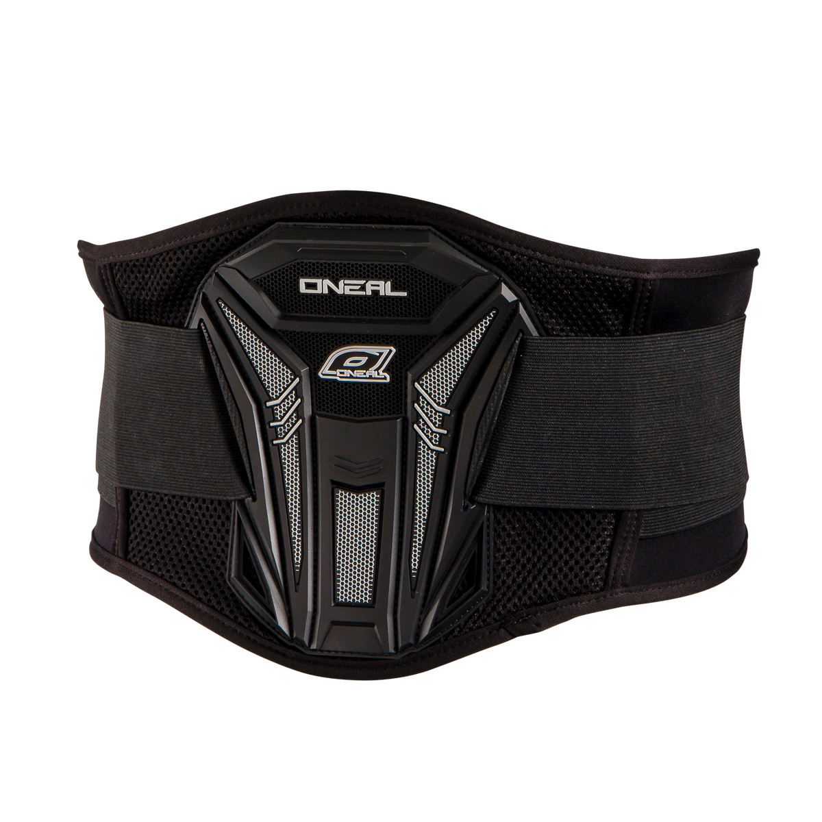 La ceinture rénale PXR d'O'NEAL est une ceinture de soutien dorsale noire avec une coque de protection dure, des côtés en filet et des sangles élastiques réglables, idéale pour la sécurité pendant le sport ou le motocross.