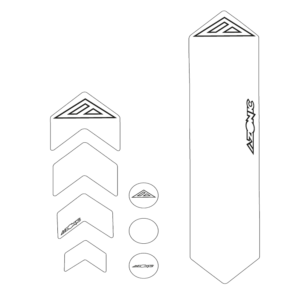 AZONIC FRAME GUARDS von AZONIC umfasst konturierte Aufkleber in Form von Chevrons, Kreisen, länglichen Formen und Dreiecken, einige davon mit dem stilisierten "AZONIC"-Logo.