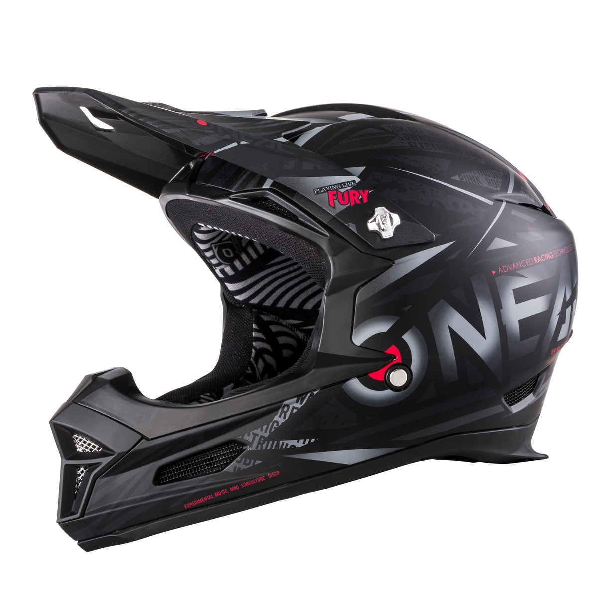 Der O'NEAL FURY Helm SYNTHY ist ein schwarz-grauer Fullface-Mountainbike-Helm mit Visier, auffälliger "ONE"-Grafik, roten Akzenten, komfortabler Innenausstattung mit raffinierten Mustern und erhöhter Sicherheit für jede Fahrt.