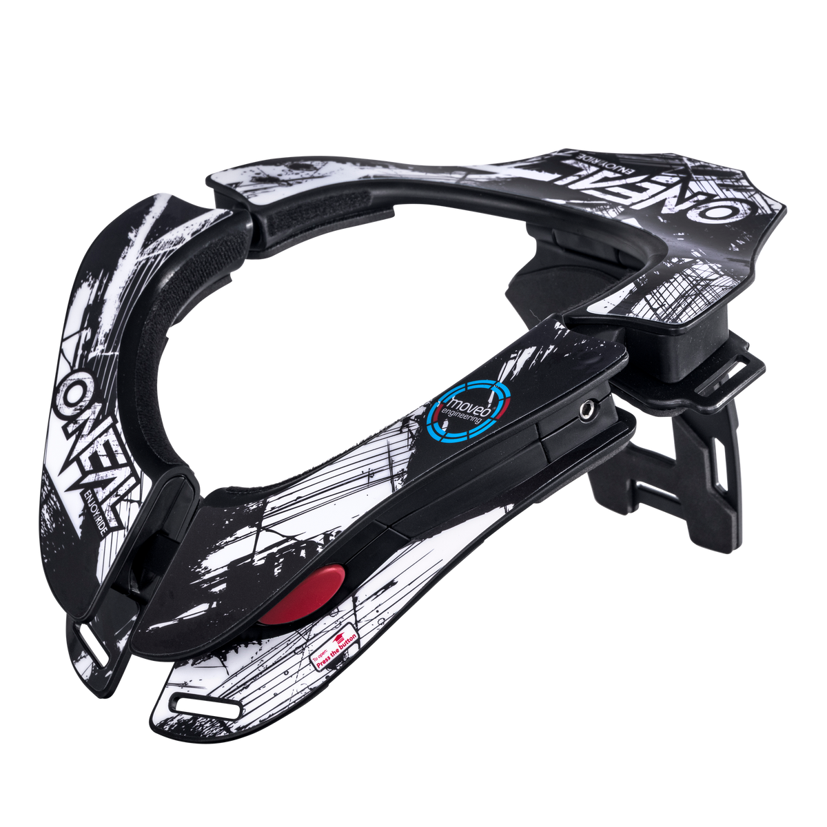 Der O'NEAL TRON Neckbrace SHOCKER ist ein schwarz-weißer Nackenschutz mit abstrakten Grafiken, einem roten Auslöseknopf und verstellbaren Riemen, der von O'NEAL für die Sicherheit im Gelände entwickelt wurde.