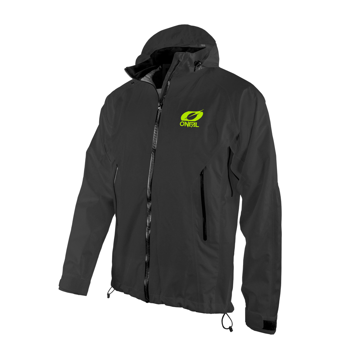 Die O'NEAL TSUNAMI Regenjacke ist eine schwarze Kapuzenjacke mit Frontreißverschluss, leuchtend grünem ONFAL-Logo auf der linken Brust, zwei Seitentaschen mit Reißverschluss und verstellbaren Kordelzügen am Saum.